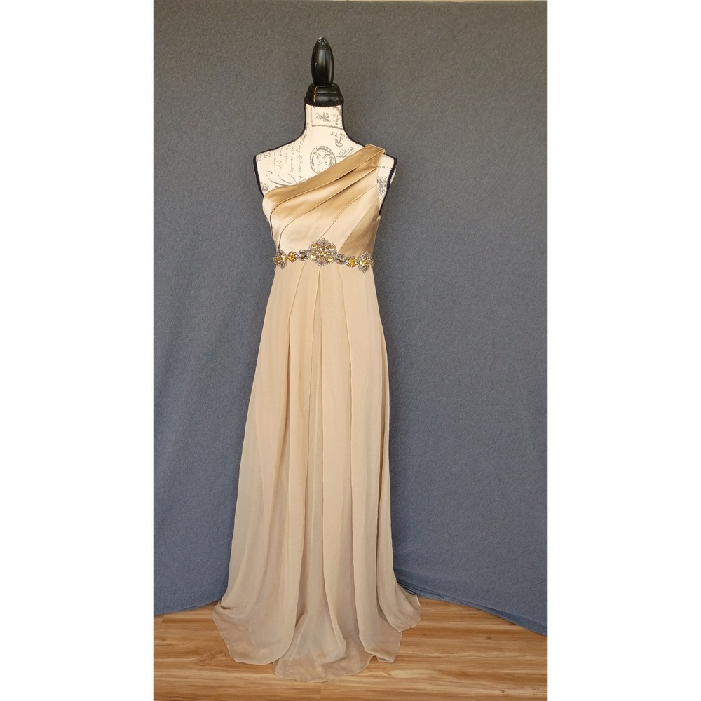 Kay Unger 100% Silk One Shoulder Beaded Empire Waist Gown Champagne Gold 6